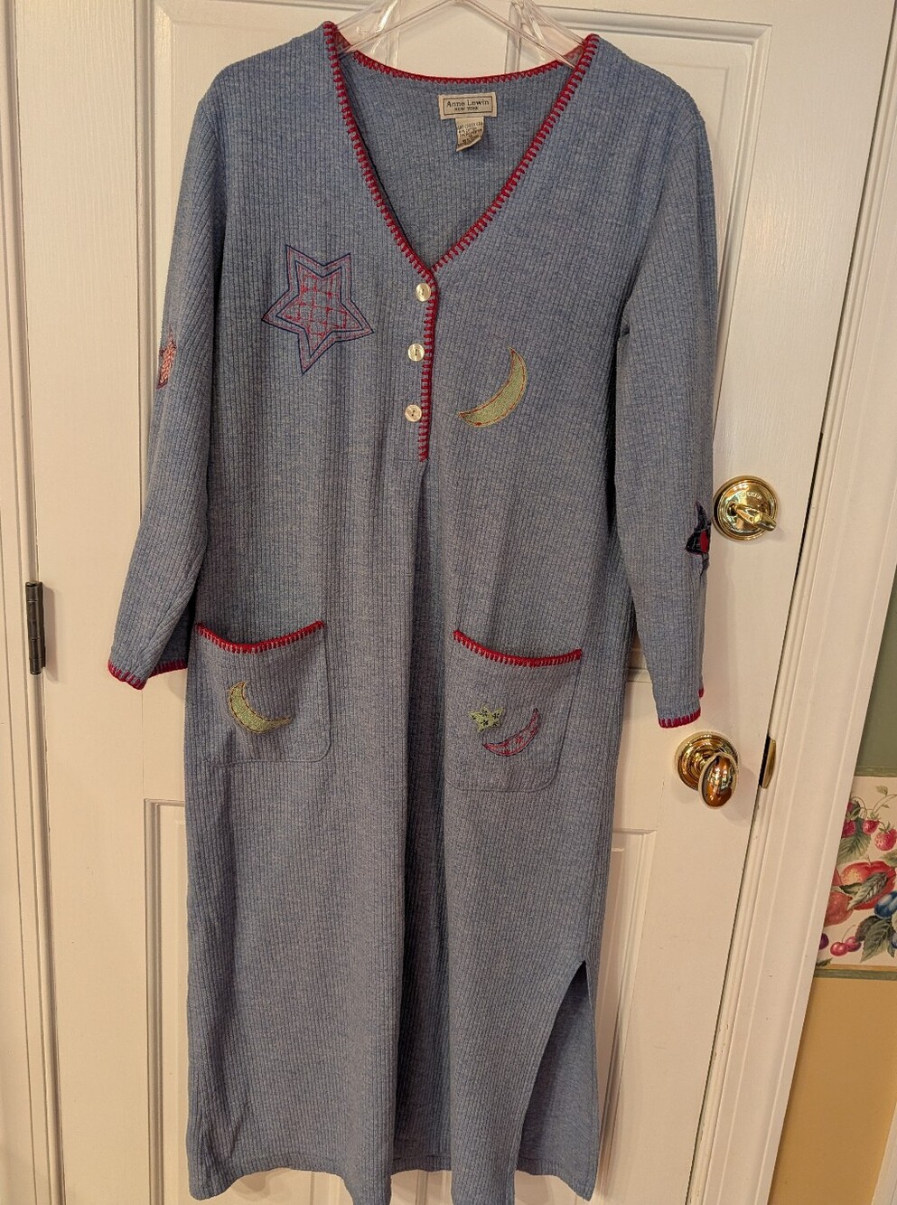 Vintage ANNE LEWIN New York Blue Ribbed Stars & Moon Patchwork Long Nightgown M
